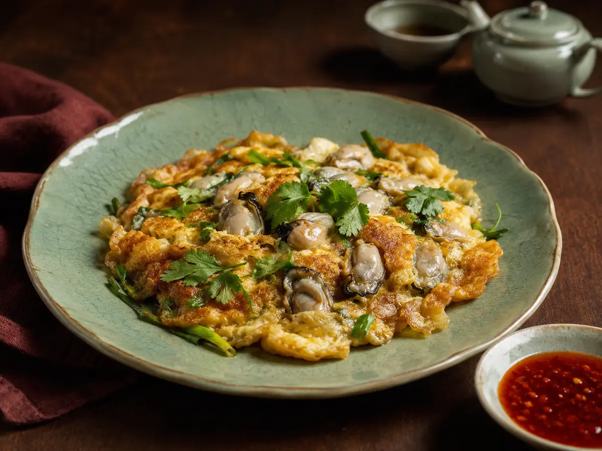 Omelet tiram bergaya Fujian dengan daun bawang